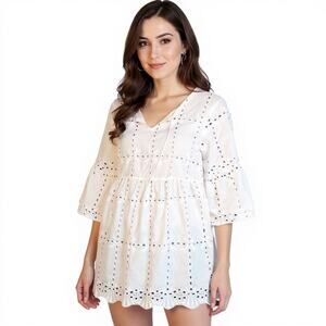 Cal Style Eyelet Tunic Top Mini Dress Women's L White Bell Sleeve Lined Popover